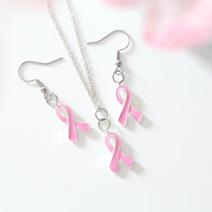 Breast Cancer Awareness Charm Necklace Earring Set