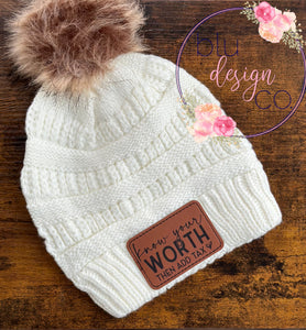 Know Your Worth Leather Patch Beanie