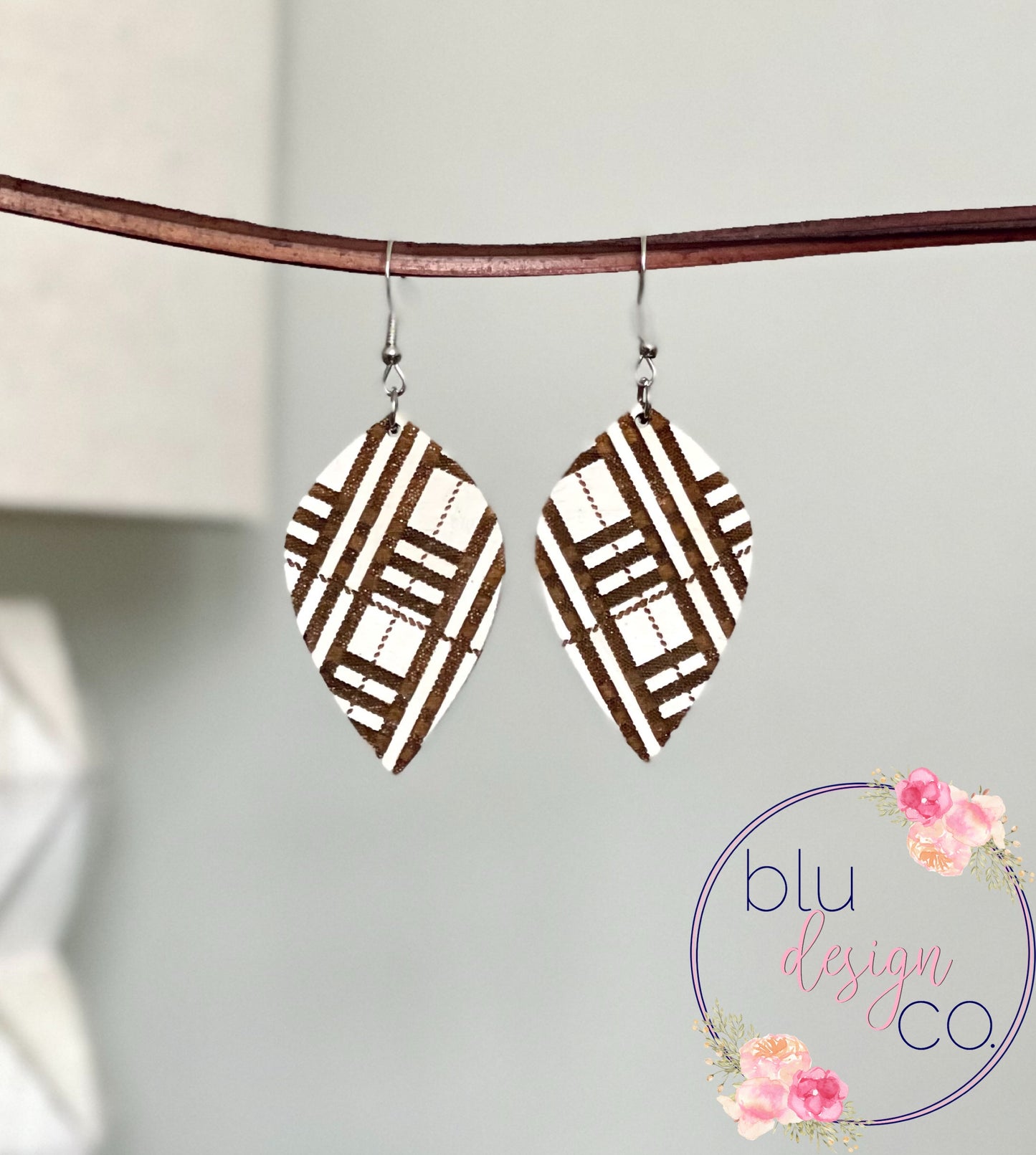 Tartan Plaid Wooden Drop Earrings