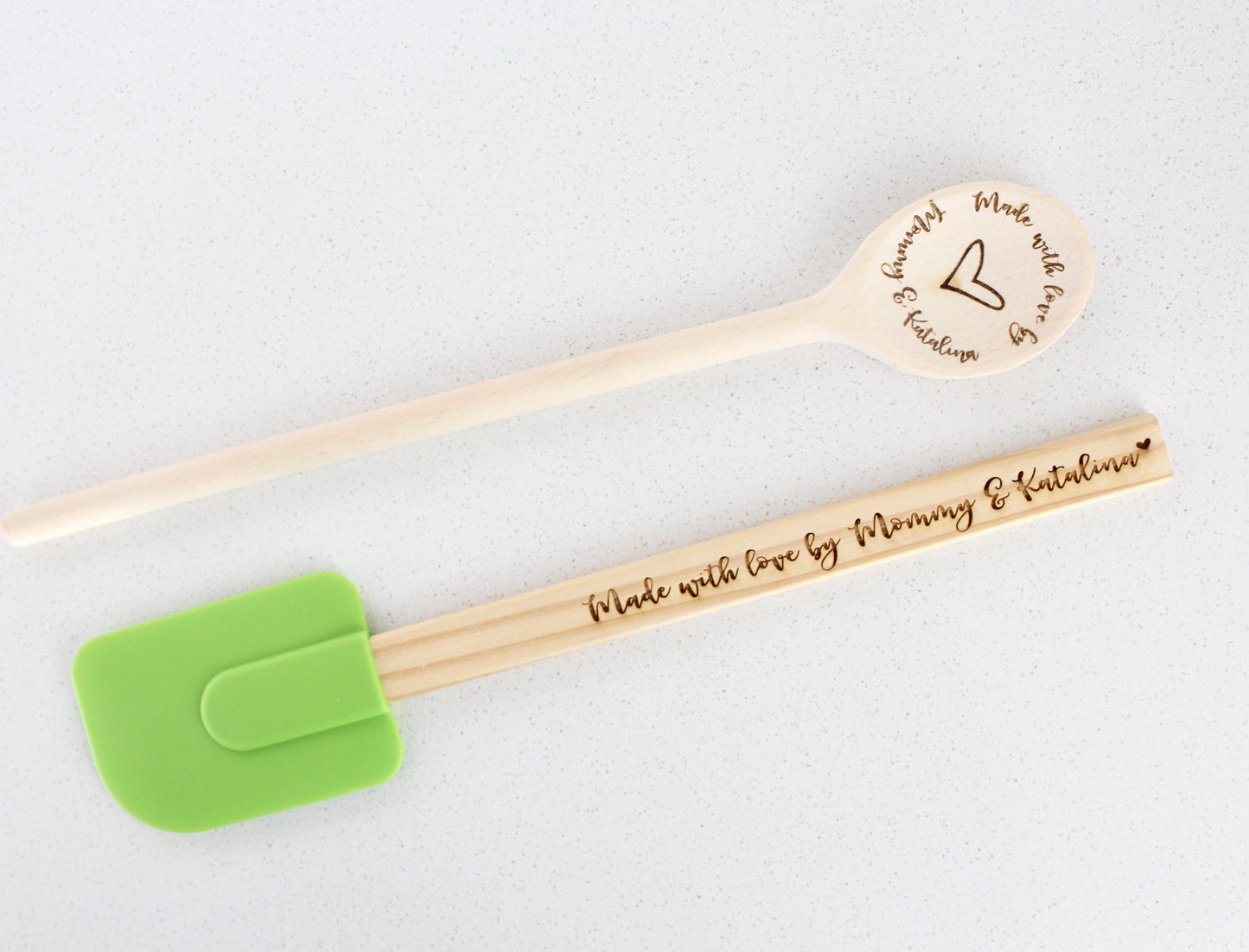 Personalized Made w/ Love By Mommy & Me Wood Spoon/ Spatula Set
