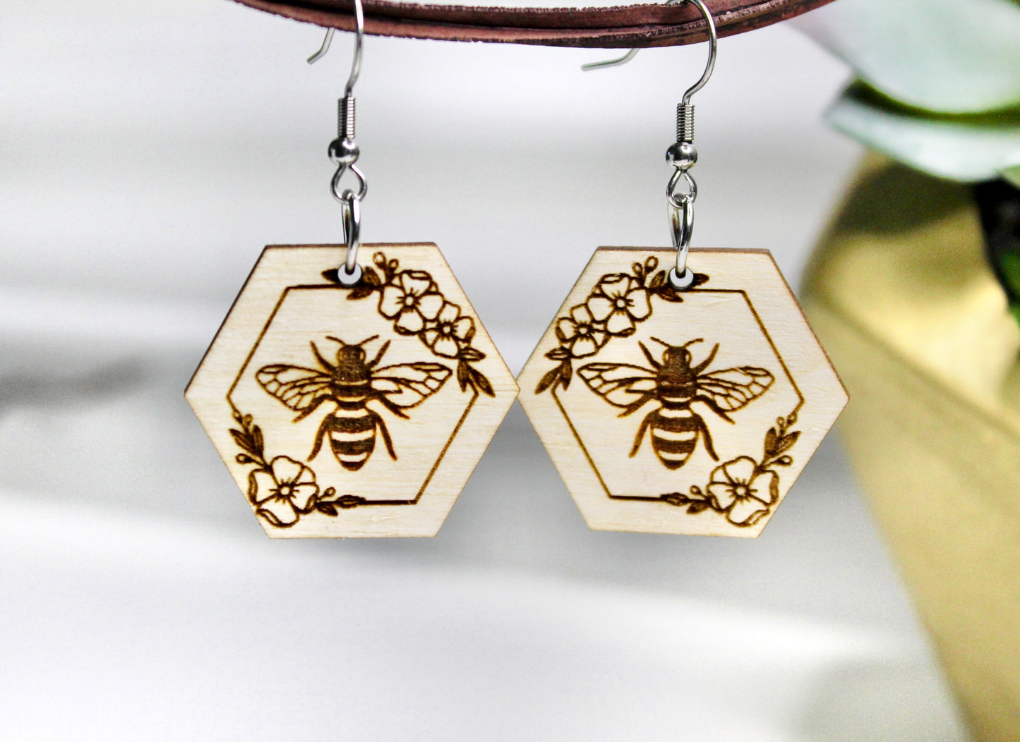 Floral Bee Wood Drop Earrings