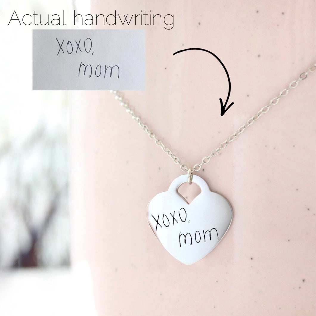 Engraved Handwriting Heart Necklace- available in silver, gold, and rose gold!