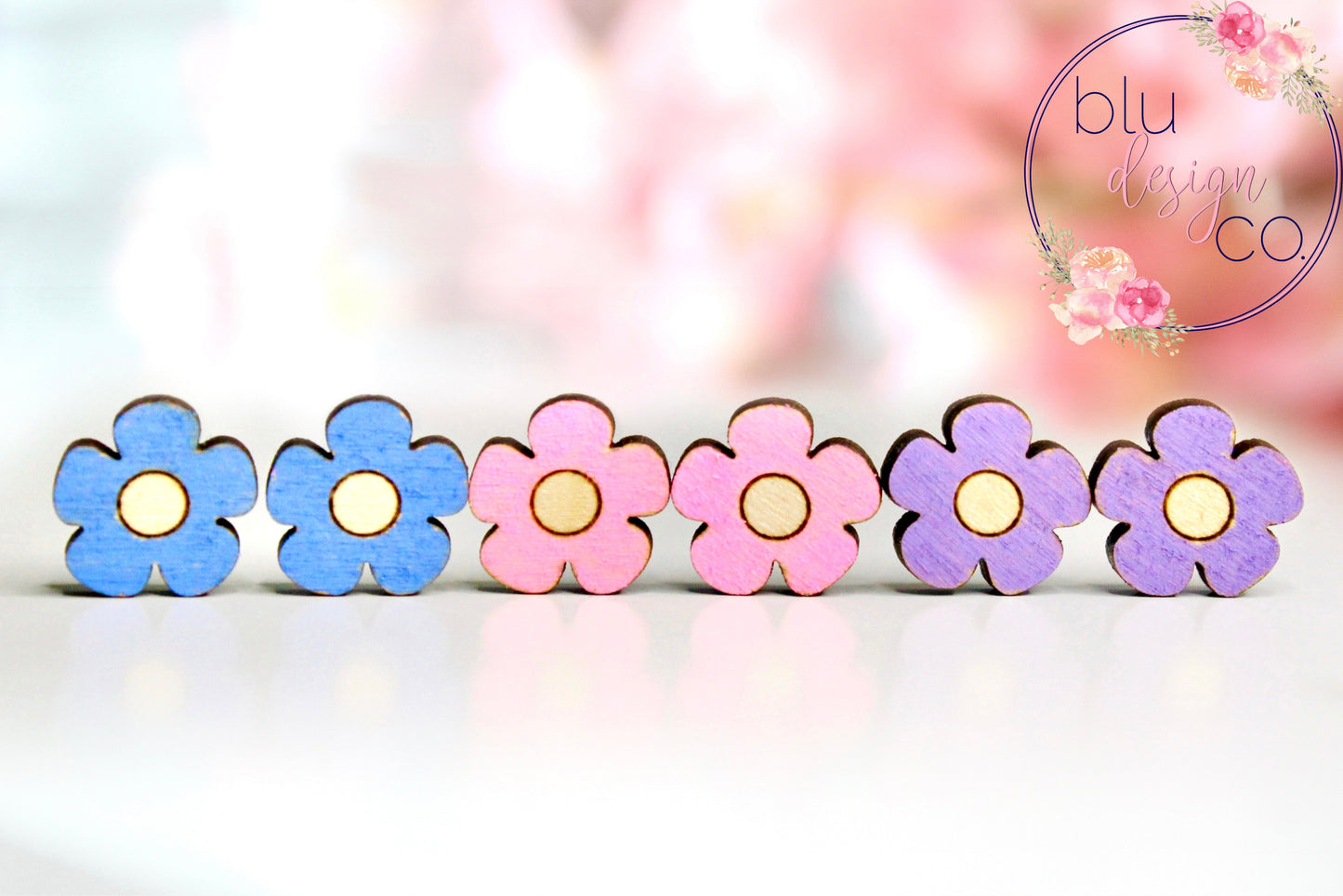 Painted Wood Flower Stud Earrings