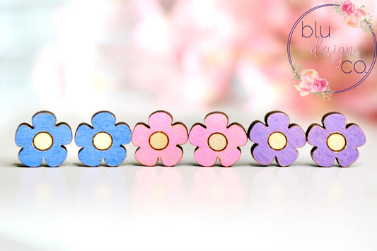 Painted Wood Flower Stud Earrings