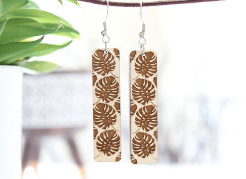 Monstera Leaf Wood Bar Earrings