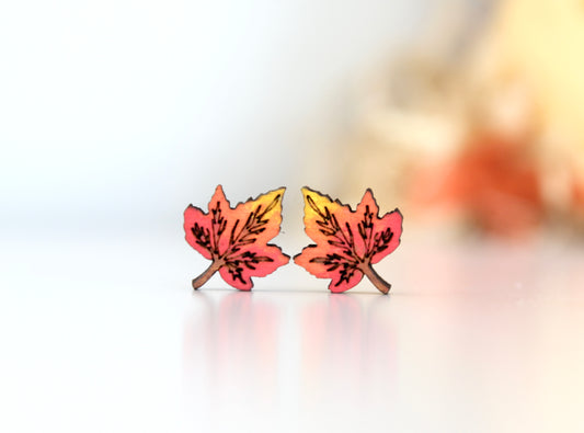 Wood Painted Maple Leaf Studs