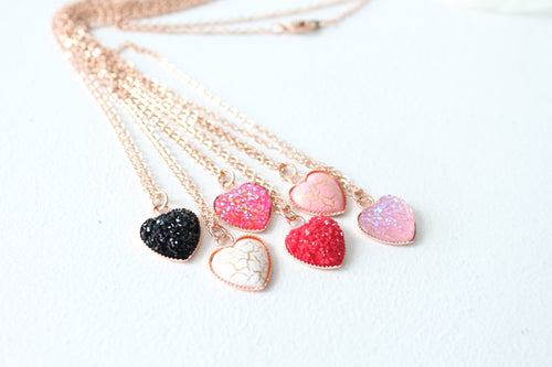 Druzy/ Crackle Heart Rose Gold Necklace