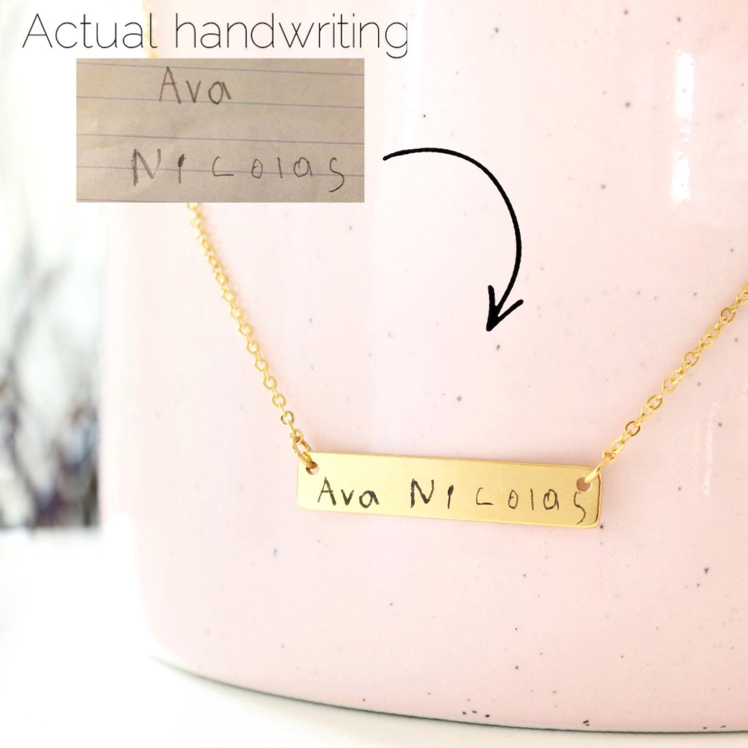 Engraved Handwriting Bar Necklace- available in silver, gold, and rose gold!