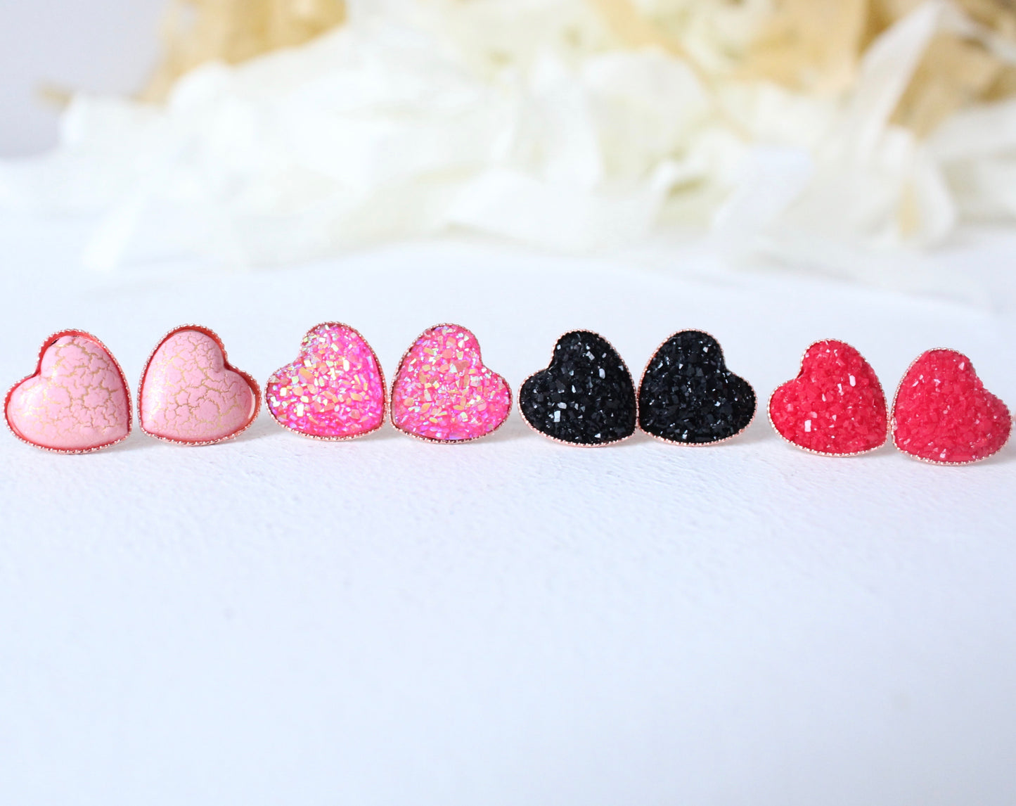 Druzy/ Gold Crackle Heart Earrings